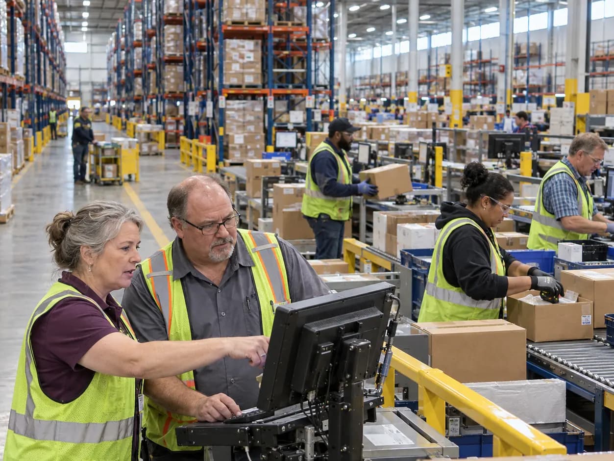 Two coworkers in safety vests at a screen on a busy warehouse floor, long aisles of racking behind them.