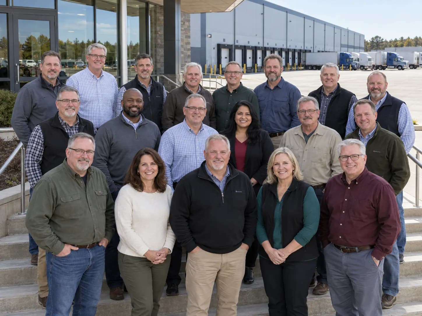 A large team gathered on the front steps of a distribution center.